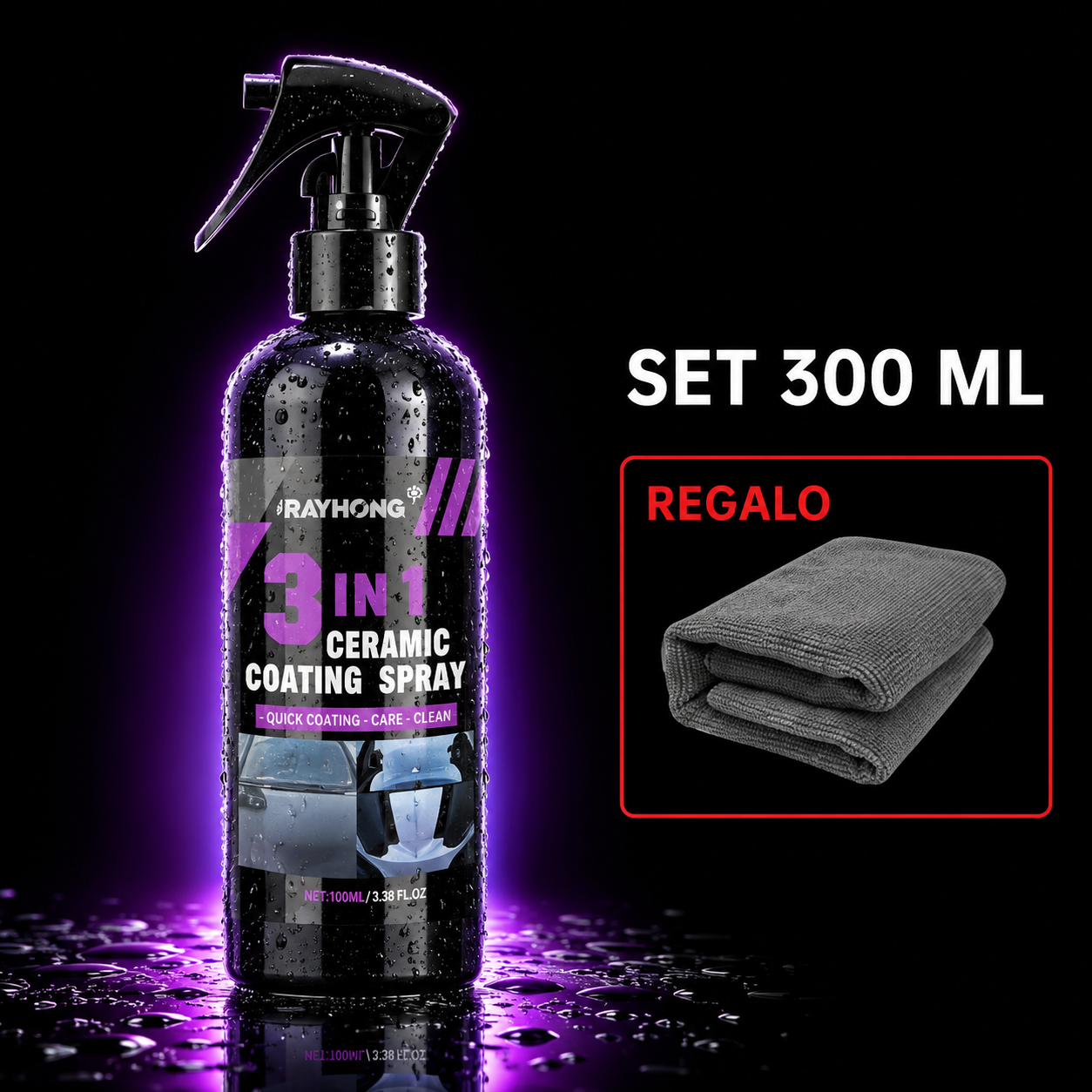 Spray Cerámico 3 en 1 para Coche – Brillo, Limpieza y Protección  + Paño de Regalo