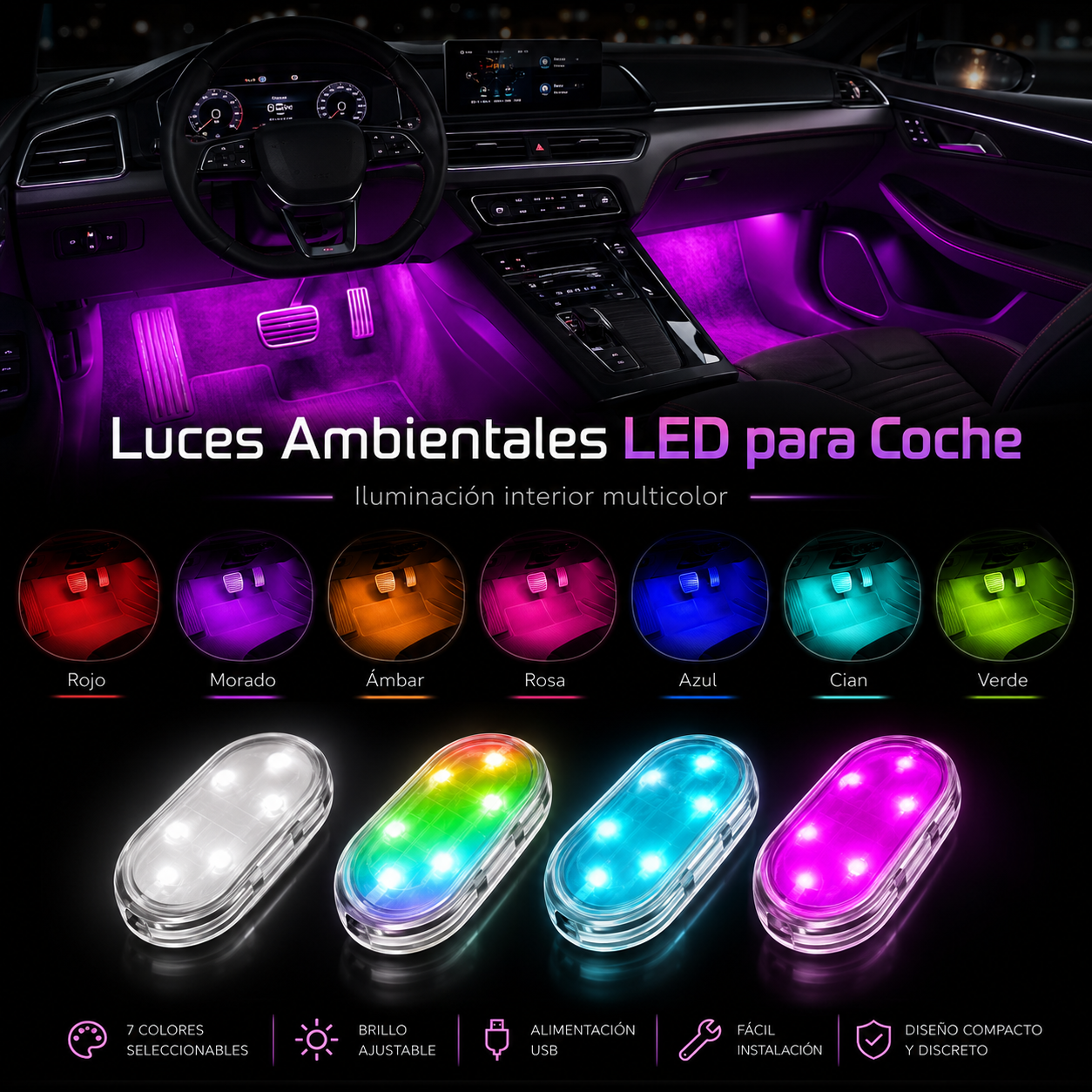 LUCES AMBIENTALES INALÁMBRICAS LED PARA COCHE